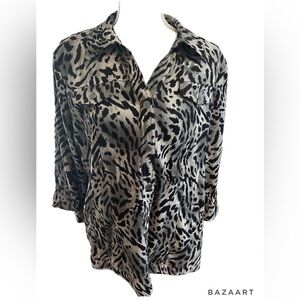 🔥🔥JM Collection Black Animal Print 3/4 Cuff Sleeve Snap Front Shirt Top Sz 14